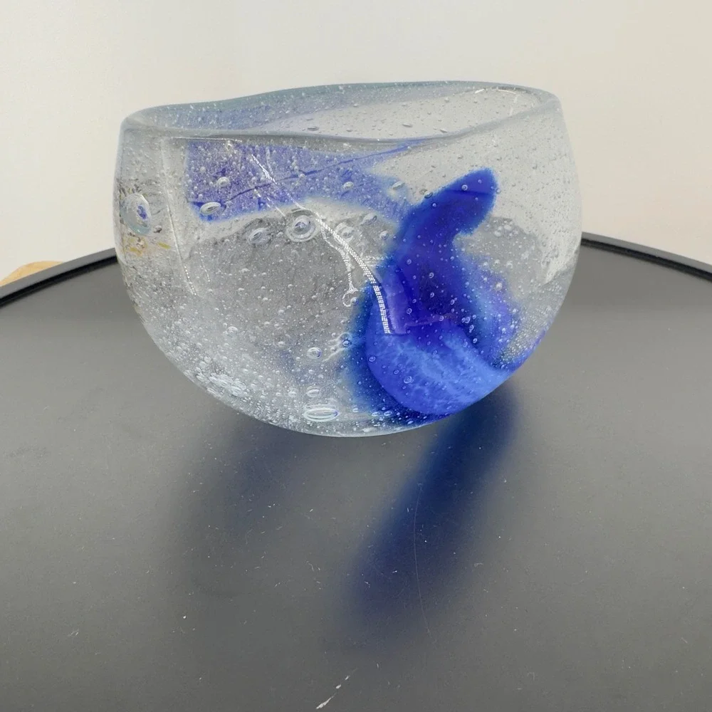 Murano Style Blown Art Glass Cobalt Blue Swirl Controlled Bubble Confetti Heavy